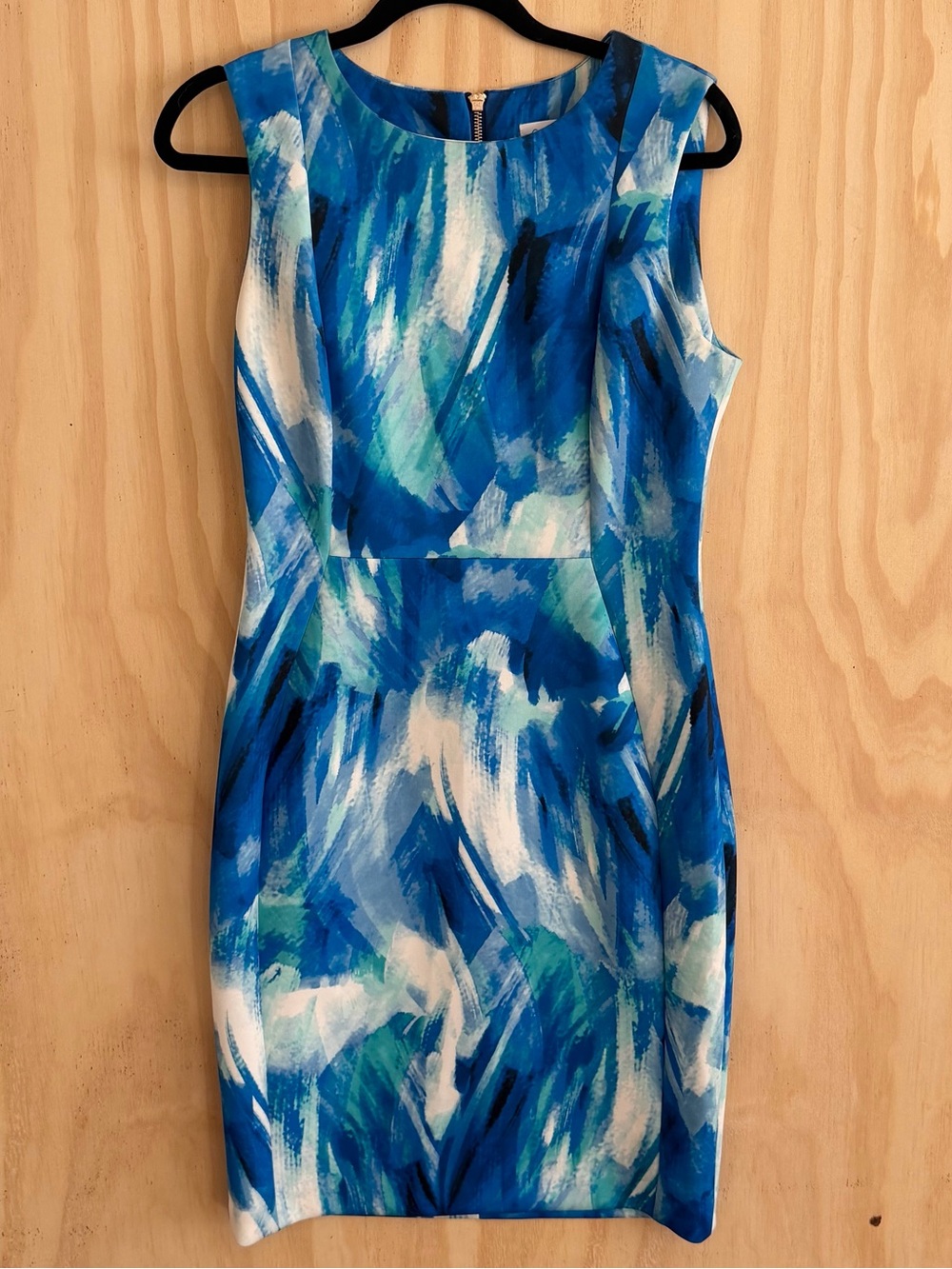 Calvin Klein Scuba Dress Womens 10 Blue Sheath Watercolor Sleeveless Back Zipper